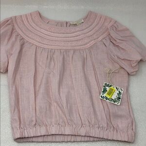 NEW Chelsea & Violet Blouse Linen Blend Blush Pink Lace Neckline Size M 10/12